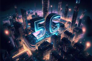 illustration of futuristic city at night, 5G internet network wireless systems and internet of things, smart city and communication network concept. photo