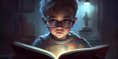 illustration of intelligent cute boy in glasses reading a book, volumn light photo
