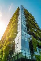 illustration of Gorgeous garden on the rooftop of a contemporary glass office building in Asia photo