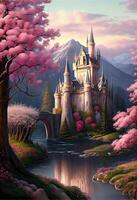 illustration of magical land of enchanted forests, castle, sparkling waterfalls and lush meadows, lake and fairy tail photo