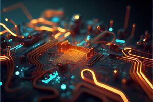 illustration of macro shot of circuit cyberspace board with computer motherboard component microchip with chip structure. Neural network generated art. photo