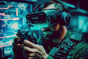 illustration of man with virtual reality VR goggle playing AR augmented reality game and entertainment, futuristic metaverse gameFi NFT game ideas photo