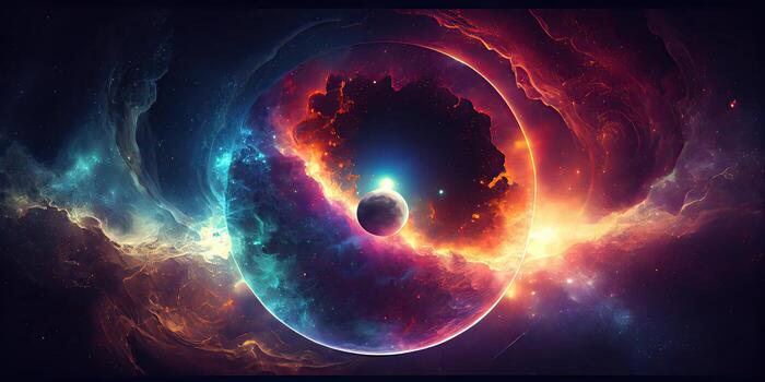 illustration of abstract fantastic space of the universe. Space background with nebula and stars. Dark space background with an unknown planet, flashes of light in space photo