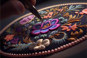 Generative AI illustration of multicolor ethnic hand embroidery pattern design photo