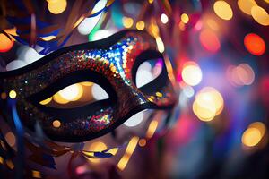 illustration of the vibrant energy and excitement of Brazilian Carnival, Venetian Carnival mask and confetti with abstract defocused bokeh lights and shiny streamers photo