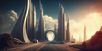 illustration of fantasy futuristic city with highways and skyscrapers, cyber city photo