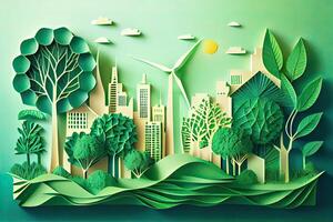 illustration of Green leaf image in the paper art style with trees, city building silhouettes, windmills, and solar panels. the preservation of ecology. a green energy idea photo