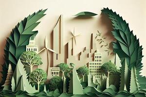 generativo ai ilustración de verde hoja imagen en el papel Arte estilo con árboles, ciudad edificio siluetas, molinos de viento, y solar paneles el preservación de ecología. un verde energía idea foto