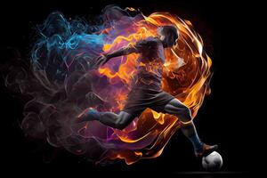 illustration of the essence of a soccer player in motion as they kick a ball with intense energy, surrounded by vibrant colors and splashes photo