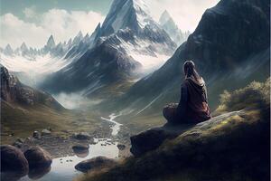 illustration of woman meditating in the mountains photo