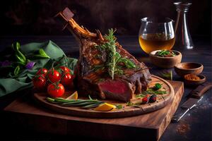 illustration of freshly grilled tomahawk steaks on wooden cutting board, superbly delicious tomahawk steak, barbecue photo