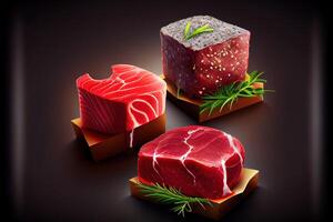 illustration of variety of raw beef meat steaks for grilling with seasoning and utensils, assorted raw beef meat, fresh raw beef steaks on wooden board photo