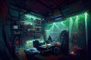 illustration of messy and dark cyberpunk hacker hideout room with lights photo