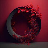 generativo ai ilustración de el belleza y creatividad de circular flor arco ese parece a flotador en aire. el arco es adornado con brillante rojo flores y oscuro, sorprendentes negro follaje foto