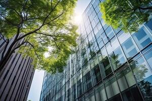 illustration of Gorgeous garden on the rooftop of a contemporary glass office building in Asia photo