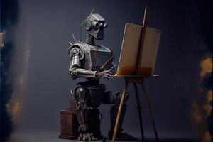 illustration of Cyborg Ai robot artist in dark studio next to his easel, painting and paints while working, neural network generated art. Digitally painting, generated image. photo