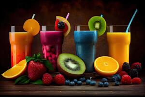 illustration of smoothies and juices made from a variety of fresh fruits from the tropics. Clean eating, a healthy diet, and vitamin infused beverages are concepts, blurred background photo