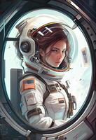 illustration of the girl is the captain of a spaceship, a white spacesuit, a dashboard, a huge porthole photo