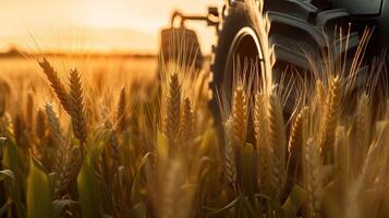 generativo ai, de cerca moderno combinar segador en un trigo campo, granja paisaje, agrícola hermosa campo. naturaleza ilustración, fotorrealista horizontal bandera. foto