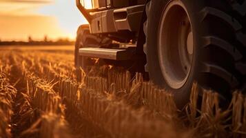 generativo ai, de cerca moderno combinar segador en un trigo campo, granja paisaje, agrícola hermosa campo. naturaleza ilustración, fotorrealista horizontal bandera. foto