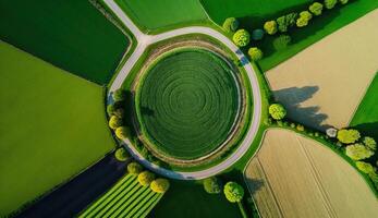, Farm landscape, agricultural fields, beautiful countryside, country road. Nature Illustration, photorealistic top view drone, horizontal banner. photo
