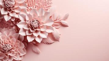 , Paper cut craft flowers and leaves, light pink color, floral origami textured background, spring mood. Photorealistic effect. photo