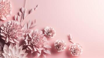 , Paper cut craft flowers and leaves, light pink color, floral origami textured background, spring mood. Photorealistic effect. photo