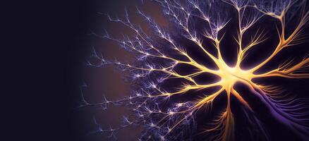 generativo ai, conceptual ilustración de neurona células con brillante enlace nudos en resumen oscuro espacio, alto resolución. humano nervioso sistema, neural red foto