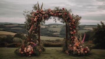 generativo ai, Boda ceremonia boho rústico estilo arco con flores y plantas, flor ramos de flores foto