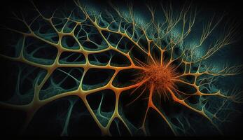 , Conceptual illustration of neuron cells with glowing link knots in abstract dark space, high resolution. Human nervous system, neural network photo