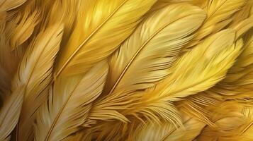 , Beautiful light yellow closeup feathers, photorealistic background. Small fluffy yellow feathers randomly scattered forming photo