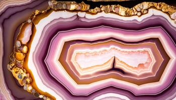 , natural volcanic agate stones close-up light pink magenta and golden texture. Wallpaper background, quartz marble, decorative rock pattern photo