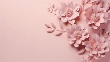 , Paper cut craft flowers and leaves, light pink color, floral origami textured background, spring mood. Photorealistic effect. photo