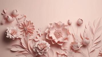 , Paper cut craft flowers and leaves, light pink color, floral origami textured background, spring mood. Photorealistic effect. photo