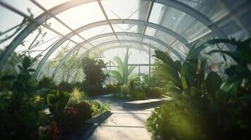 , Green house from the glass, tent-glass garden with a lot of plants. Photorealistic effect. photo