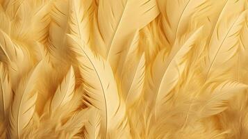 , Beautiful light yellow closeup feathers, photorealistic background. Small fluffy yellow feathers randomly scattered forming photo