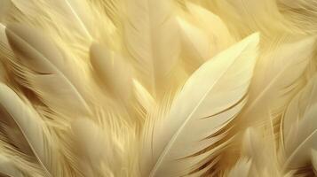 , Beautiful light yellow closeup feathers, photorealistic background. Small fluffy yellow feathers randomly scattered forming photo