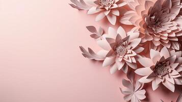 , Paper cut craft flowers and leaves, light pink color, floral origami textured background, spring mood. Photorealistic effect. photo