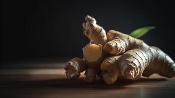 , ginger root spice photorealistic illustartion on dark background. photo