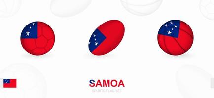 Deportes íconos para fútbol, rugby y baloncesto con el bandera de samoa vector