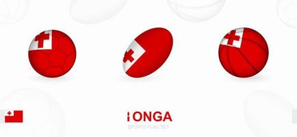 Deportes íconos para fútbol, rugby y baloncesto con el bandera de tonga vector