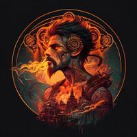 illustration of cyberpunk Zodiac sign with a industrial smoke, mechanic detail on shoulders, pollution, centered inside intricate gold and fire circle of city and Skyscrapers, steam punk photo