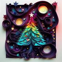 illustration of photo paper cut quilling multidimensional paper cut, craft paper illustration, christmas tree and colored lights vine stars, pop color. Neural network generated art.