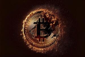 illustration of bitcoin sign on a gold coin , the coin glitters , bunches of golden sparks , black background photo