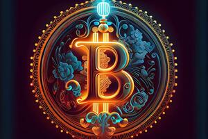 illustration of bit coin bioluminescence, vibrant, dreamy, crepuscular rays, cyberpunk Bitcoin sign with a universal, high tech detail, lighting photo