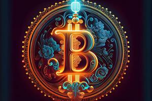illustration of bit coin bioluminescence, vibrant, dreamy, crepuscular rays, cyberpunk Bitcoin sign with a universal, high tech detail, lighting photo