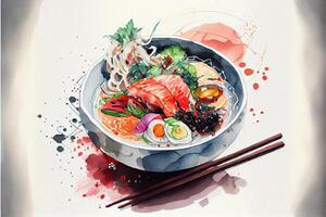 illustration of knolling japanese cuisine food, watercolor paint style, set of asian food photo
