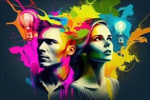 illustration of man and woman sharing idea, creative background photo