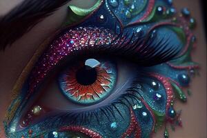 generativo ai ilustración de hermosa hembra ojos con carnaval vaso brillante sombra. cerca enfocar. foto