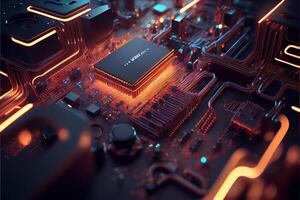 illustration of macro shot of circuit cyberspace board with computer motherboard component microchip with chip structure. Neural network generated art. photo